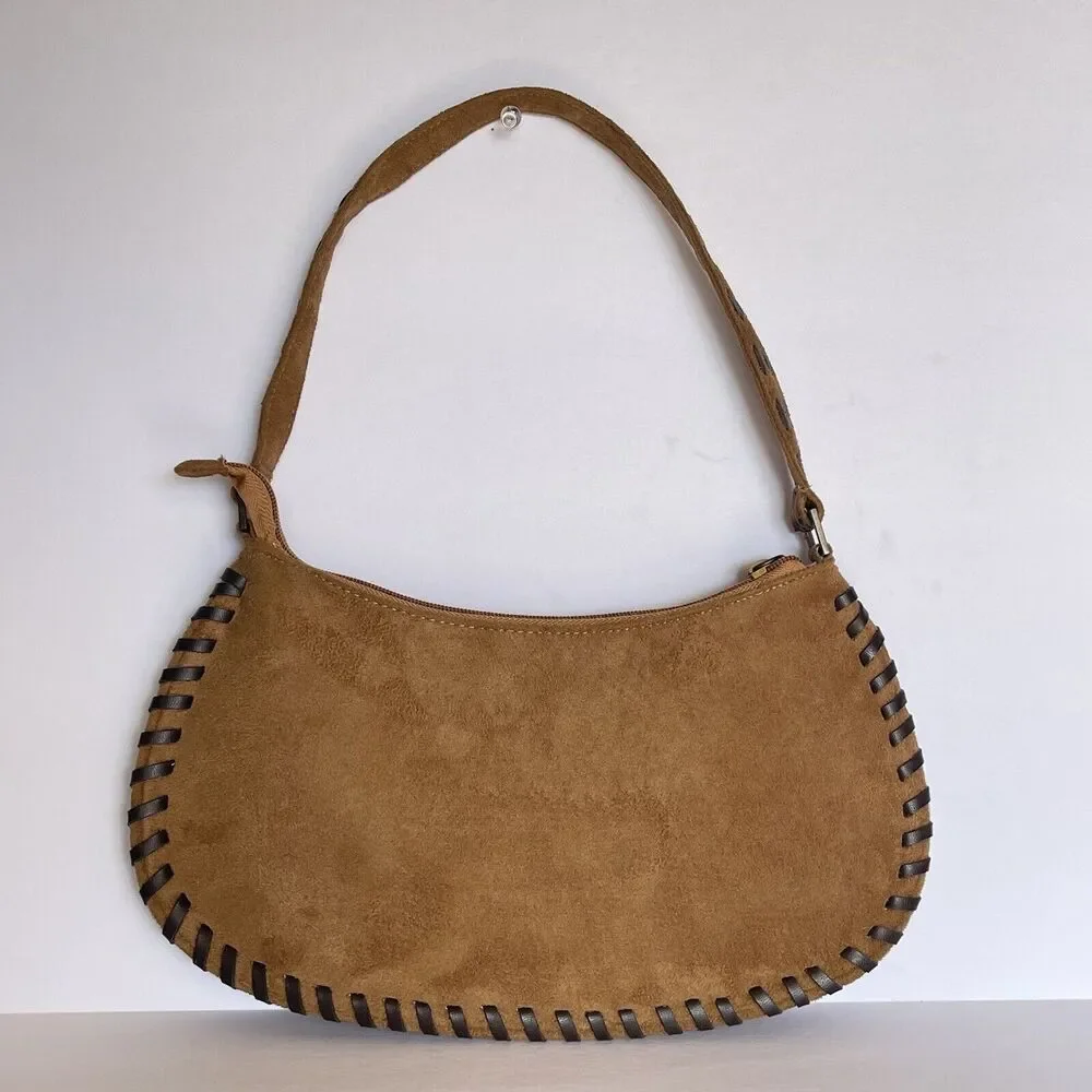 Women Sewn Edges Handbag Suede leather Brown Embroidery